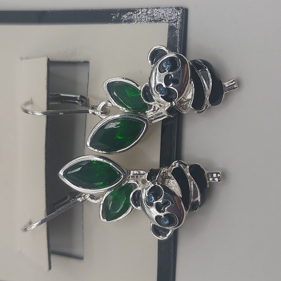 Napier Silver Tone Simulated Crystal Enamel Panda Earrings - Picture 6 of 14